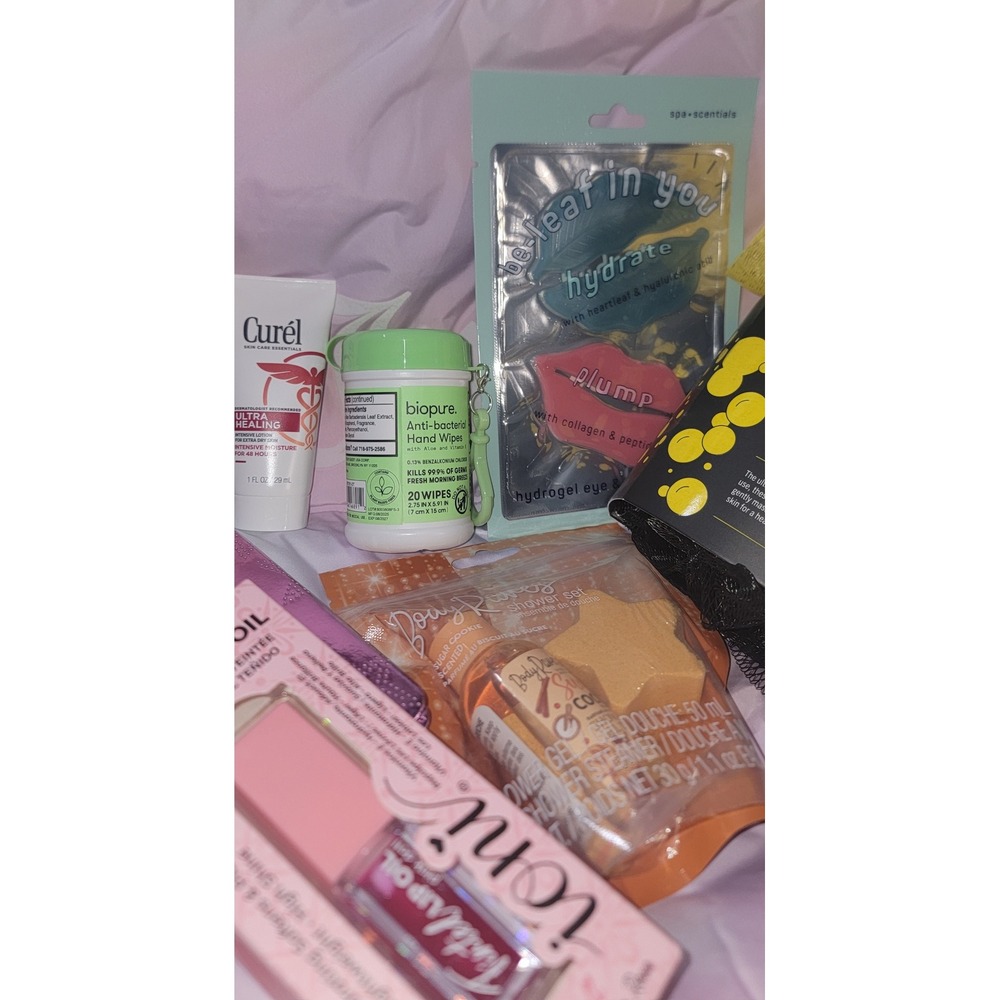 Self Care Bundle Ioni Lip Oil Curel Lotion Bath Poufs Eye Masks Notebook Set - Picture 3 of 4